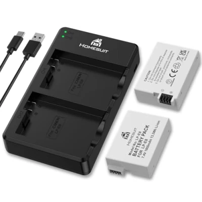 Immagine di Homesuit LP E8 Batteria di ricambio 1800 mAh e doppio caricatore per Canon EOS Rebel T2i, T3i, T4i, T5i, 550D, 600D, 650D, 700D, Kiss X4, X5, X6, LC E8, E8C, E8E, confezione da 2