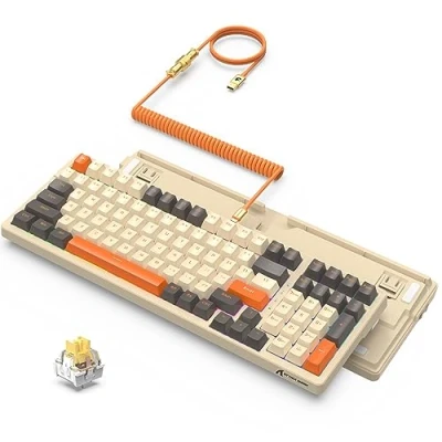 Immagine di ATTACK SHARK K98 Tastiera da gioco hotswap cablato con cavo USB C arrotolato, illuminazione RGB, interruttore giallo meccanico personalizzato, attuazione programmabile,100 chiavi per Mac/Win （Shimmer）