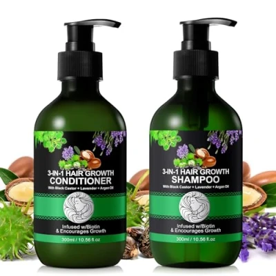 Immagine di Set shampoo e balsamo 3 in 1 10,56 x 2 fl oz olio di ricino nero lavanda argan per la crescita dei capelli, senza solfati, contro caduta capelli uomini donne