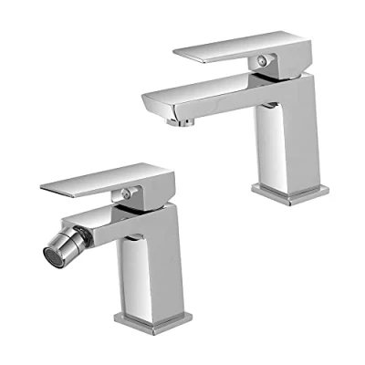 Immagine di Inbagno Set rubinetti miscelatori Lavabo e Bidet cromati, Scarico Click clack Incluso, Serie Kubo (Set Bidet)