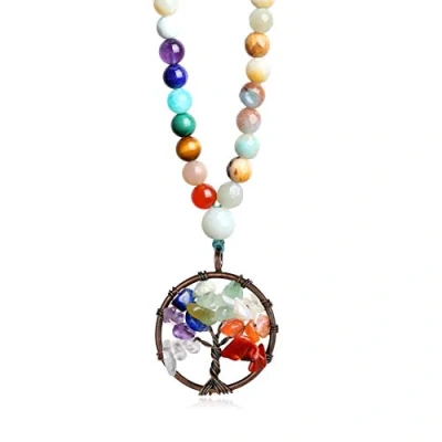 Immagine di COAI Collana per Uomo e Donna in Amazzonite Sfaccetata Multicolore con Ciondolo Albero della Vita Pietre Sette Chakra