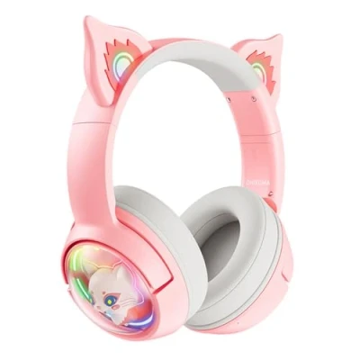 Immagine di cuffie Bluetooth per gatti senza fili, Cat Ear Gaming con microfono, rosa luce LED RGB, wireless orecchie di gatto, audio stereo HD PC, TV, tablet, console gioco