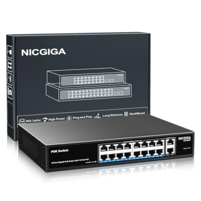 Immagine di switch PoE Gigabit a 16 porte non gestito, PoE+ 250W, 2 uplink Gigabit, Power over Ethernet di rete NICGIGA 18 porte, modalità VLAN, montaggio su rack da 19 pollici