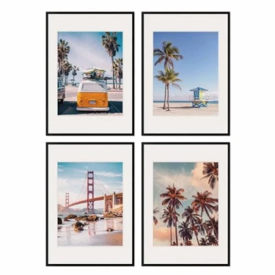 Immagine di PHOTOLINI Set di 4 cornici per poster 50x70 cm con passe partout 40x50 nero legno MDF, plexiglass infrangibile, da parete, accessori inclusi foto, immagini e