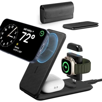 Immagine di ESR HaloLock 3 in 1 Stazione Ricarica da Viaggio, Caricatore Wireless Magnetico Compatibile con MagSafe, per Apple Watch, iPhone 15/14/13/12, AirPods Pro/3/2, Supporto Regolabile a 2 Posizioni, Nero