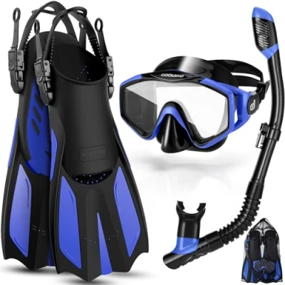 Immagine di Odoland Set Snorkeling 3 in 1 con Maschera Vista Panoramica 180, Boccaglio Asciutto, Pinne Regolabili, Attrezzatura Subacquea per Adulti, Blu, S/M