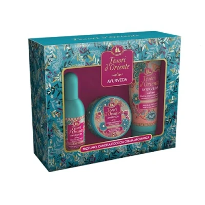 Immagine di Tesori d&#039;Oriente Set Regalo, Doccia Crema 250 ml, Candela Profumata Piccola 109 gr e Profumo Aromatico 100 Fragranza Ayurveda, Confezione Regalo
