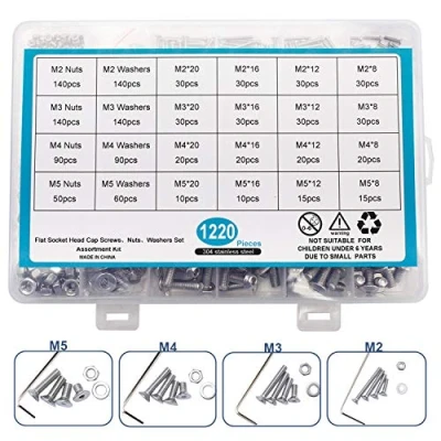 Immagine di Homtone 1220 PCS M2 M3 M4 M5 Bulloni in acciaio Viti Dadi Rondelle Assortimento Kit con chiavi esagonali (Testa piatta esagonale)