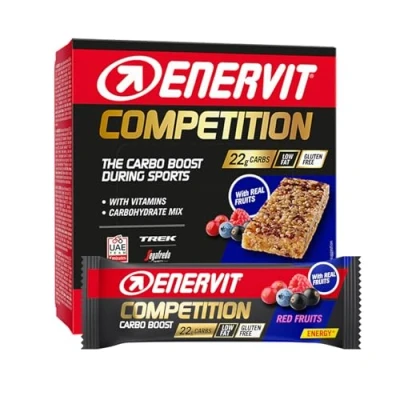 Immagine di Enervit, Competition Bar, 12 Barrette Energetiche da 30g che Apportano 22 Grammi di Carboidrati, Gusto Frutti Rossi, con Vitamina B1 e B6, Senza Glutine, Low Fat