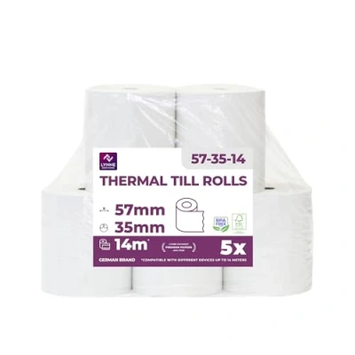Immagine di Rotoli pos 57mm x 14m 12mm per registratore di cassa carta termica ricevute bancomat Rotolini terminale 57x35x12 (5 Rotoli)