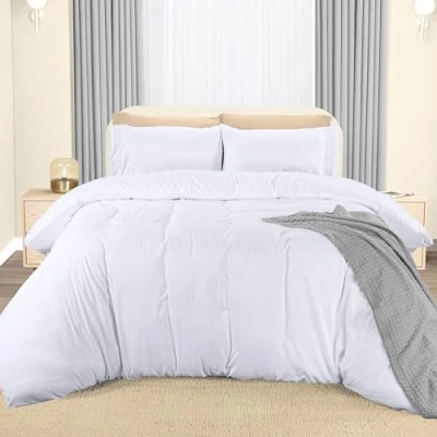 Immagine di Utopia Bedding Copripiumino 3 Pezzi Una Piazza E Mezza In Microfibra Di Poliestere 200x200cm + Federe Ricamate 50x75cm Bianco