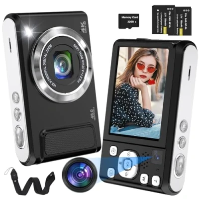 Immagine di fotocamera digitale 4K, Bofypoo 48 MP autofocus con scheda di memoria 32G, doppia anteriore e posteriore zoom 16x, compatta ricaricabile per