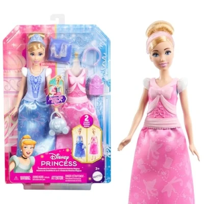 Immagine di Mattel Disney Princess Cenerentola 2 storie in 1, bambola alla moda ispirata al film con look completi intercambiabili e 9 accessori inclusi, giocattolo per bambini, 3+ anni, JCR95