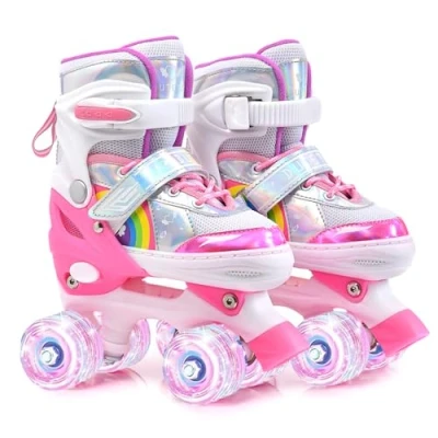 Immagine di ERNAN pattini a Rotelle regolabili. patini bambini 4 ruote luminosi per ragazze e ragazzi. Comodi ideali principianti (Rainbow, M)