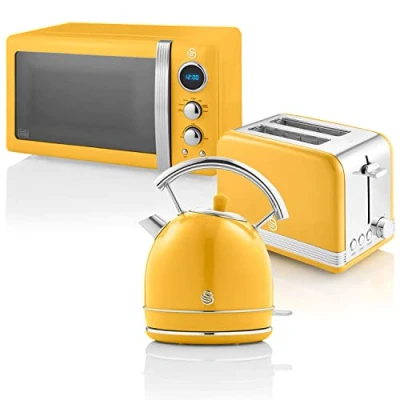 Immagine di Swan Retro Colazione Set 1,8 L Bollitore, Tostapane a 2 Fette, Microonde Digitale 20L, 6 Livelli di Potenza, Timer, Porta Effetto Specchio, Design Vintage, Giallo, Acciaio Inossidabile, Taglia Unica