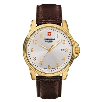 Immagine di Swiss Alpine Military 7011.1 Orologio analogico al quarzo da uomo in pelle, Marrone/Oro/Argento 1512sam, cinghia