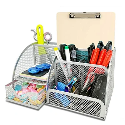 Immagine di KEPEAK Archiviazione Multifunzione per Ufficio, Organizer da Scrivania in Rete Semplice con Cassetto Scorrevole, Portapenne Ssalvaspazio (Argento)