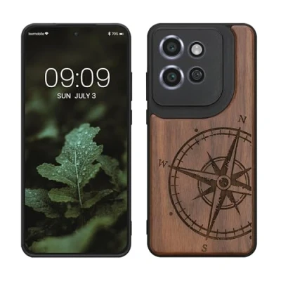 Immagine di kwmobile Custodia Compatibile con Motorola Edge 50 Neo/ThinkPhone 25 Cover Back Case in Legno Bumper Silicone TPU Bussola vintage marrone scuro