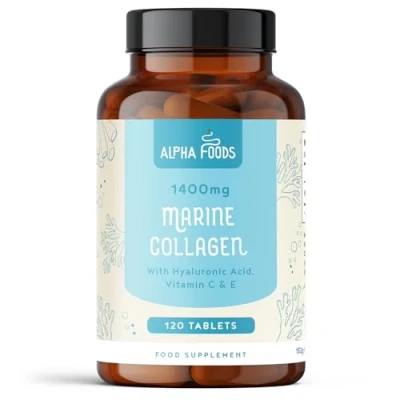 Immagine di Collagene Marino con Acido Ialuronico 120 Compresse 1400mg di Idrolizzato Tipo 1 Pelle, Capelli e Articolazioni Integratore Vitamina C, E, Zinco, Rame Biotina (B7) Alpha Foods