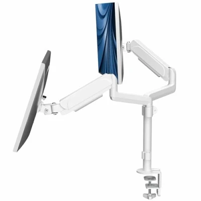 Immagine di VIVO Supporto per braccio doppio monitor schermi da 17 a 32&quot; Regolazione pneumatica dell&#039;altezza, inclinazione articolata completa, girevole, bianco, STAND V002KW