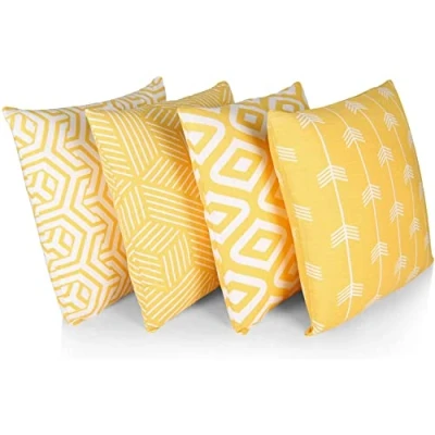 Immagine di Penguin Home Set di 4 federe per cuscini 45 cm x quadrati double face 100% cotone e con cerniera invisibile soggiorno, divano, 18x18 pollici (Mix Giallo/Bianco)
