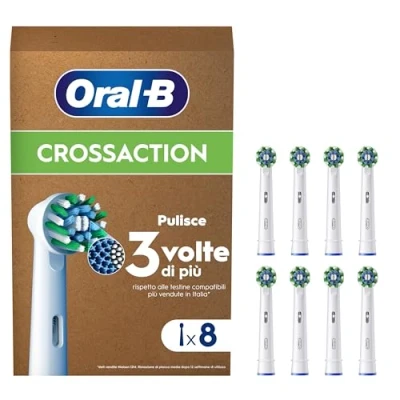 Immagine di Oral B Cross Action Testine Spazzolino Elettrico, Confezione da 8 di Ricambio, Setole Angolate che si Adattano a ogni Dente per una Pulizia Profonda, Adatto alla Buca delle Lettere