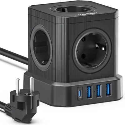 Immagine di VOOMY 9 in 1 Cubo Multipresa con USB, Elettrica 3 USB A, C e 5 Prese, 4000W Presa Multipla Interruttore Protezione Sovratensione, Power Cube Cavo 2 Metri, Nero