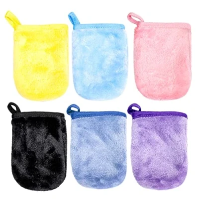 Immagine di PFLYPF 6 pezzi di guanti struccanti in flanella, copridita detergenti, asciugamani riutilizzabili, da doccia con fibbie, lavaggio morbidi (9 x 13 cm)