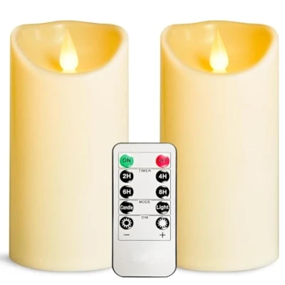 Immagine di YIWER Candele a LED senza fiamma, per interni ed esterni, funzionamento batteria, con timer remoto, non si sciolgono, candela in plastica color avorio, diametro 3,15 x altezza 6 cm, feste,
