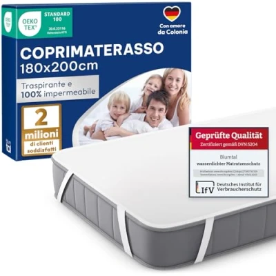 Immagine di Blumtal Coprimaterasso Matrimoniale Impermeabile 180 x 200 cm, Matrimoniale, Bande Elastiche, Tela Cerata Traspirante, Certificato OEKO TEX, 2 Pezzi