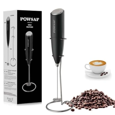 Immagine di POWSAF Montalatte Elettrico, Cappuccinatore con Supporto, Manuale, 13000 Giri/Min, Frullino per Latte Caffè, Latte, Cappuccino, Nero