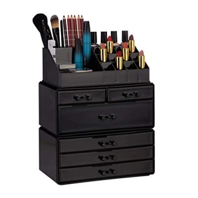 Immagine di Relaxdays Contenitore per Cosmetici a 6 Cassetti, 22 Scomparti, Make Up Organizer, Porta Trucchi, Acrilico, Nero, Confezione con pz