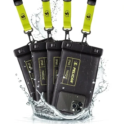 Immagine di Pelican Marine custodia impermeabile IP68 (confezione da 4 di dimensioni regolari), galleggiante per iPhone 14 Pro Max/13 Max/12 Max/S23 Ultra, con cordino rimovibile,