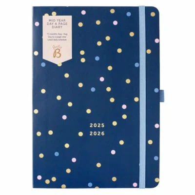 Immagine di Busy B A5 Day a Page Diary Mid Year Academic Planner Aug &#039;25 &#039;26 Navy Spot Journal Cover with Planner, Pen Loop, Notes, Timetables &amp; Elastic Closure