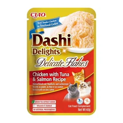 Immagine di INABA Dashi Delights Delicate Flakes, Delicati Fiocchi in Brodo di Pollo Con Tonno e Salmone Cibo Umido per Gatti, Snack Gatti Proteine, Ingredienti Naturali Pasto Complementare 1 x 40gr