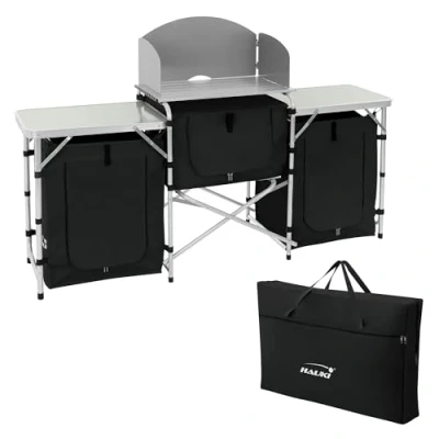 Immagine di Hauki Cucina da Campeggio Mobile e Pieghevole Barbecue Esterno con 3 Piani Telaio in Alluminio Paraspruzzi Frangivento Vani per Utensili Accessori Borsa Trasporto Tessuto Nero
