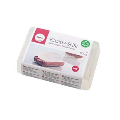 Immagine di Rayher 34227000 Blocco di Sapone Base, 600 g, Grezzo Fai da Te Creativo con Glicerina, 100 % Vegano, Sciogliere, per Fatto in Casa, Trasparente/Bianco