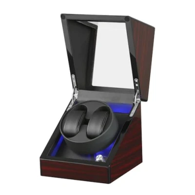Immagine di DRAIGERWAY Scatola Carica Orologi Automatische Uhrenbeweger Box PU Leder Uhrengehäuse mit leisem Motor Batteriebetrieb oder Netzteil für Automatikuhren (Korn aus Sandelholz Upgrade DGW)