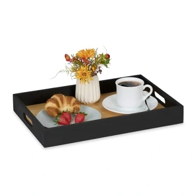 Immagine di Relaxdays Vassoio da Portata in bambù e MDF, HLP: 5 x 40,5 28 cm,Tavoletta con Manici, Rettangolare, Nero Marrone, Fibra di Legno