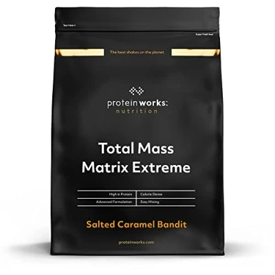 Immagine di THE PROTEIN WORKS Matrix Massa Totale Extreme, Frullato di Proteine in Polvere Ipercalorico &amp; Iperproteico, Per Aumentare Peso, 5 Agitare, Caramello Salato Intenso, 1.325 kg
