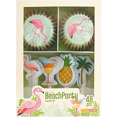 Immagine di DECOCINO Set di muffin BeachParty 48 pezzi 24 pirottini per cupcake con Ø 5 cm e topper in carta, decorazione ideale compleanni feste a tema