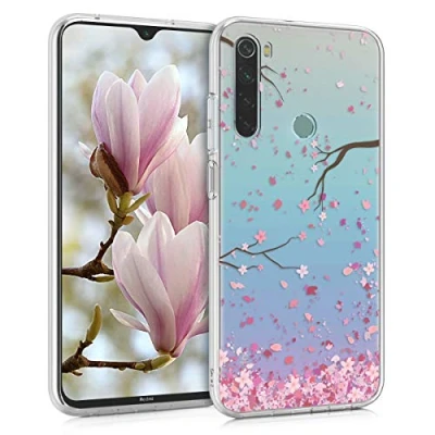 Immagine di kwmobile Custodia Compatibile con Xiaomi Redmi Note 8 (2019/2021) Cover Silicone TPU Protezione Back Case Pioggia di petali rosa/marrone scuro/trasparente