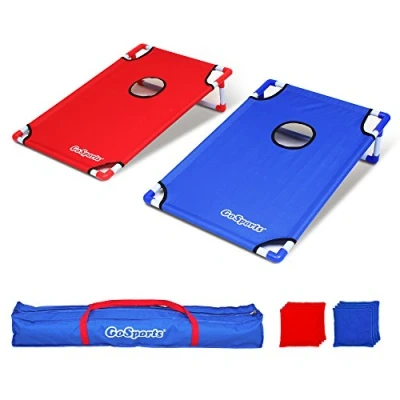 Immagine di GoSports CH 04, Set Portatile da Gioco con Cornhole in PVC 3 x 5 cm, 8 Pouf e Custodia Viaggio Unisex Adolescente, Rosso, Blu