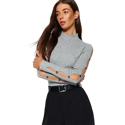 Immagine di Trendyol Donne Dritto Maniche Lunghe Sottile Maglione Felpa, Grigio, L Donna