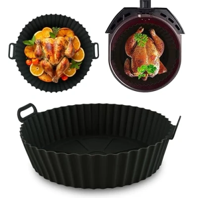 Immagine di HOVUK Fodera rotonda in silicone per friggitrice ad aria, antiaderente e riutilizzabile, lavabile lavastoviglie, facile da pulire, resistente al calore, cestello della