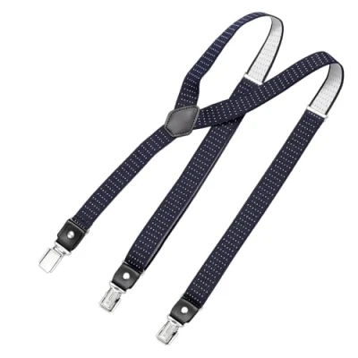 Immagine di DonDon Bretelle da uomo eleganti strette 2,5 cm con 3 clip extra forti e toppa in pelle Blu bianco a pois