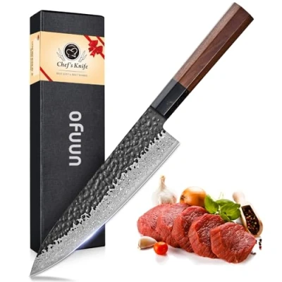 Immagine di oFuun Coltello da Cucina Professionale 20 cm, Chef Giapponese Damasco, in Acciaio Inossidabile ad Alto Tenore di Carbonio VG 10, Manico Palissandro e Confezione Regalo