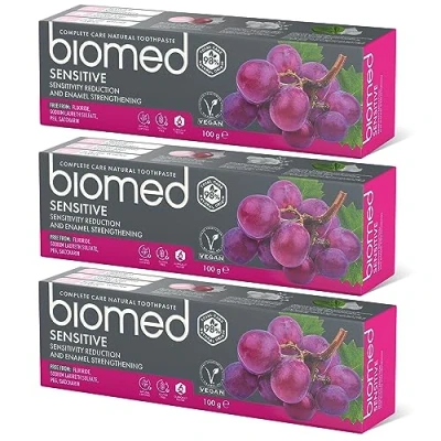 Immagine di Biomed Sensitive 98% Natural Toothpaste Sensitivity &amp; Enamel Strengthening Red Grape Seed Extract, Vegan, SLES Free 100g 3 Pack