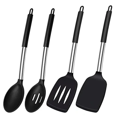 Immagine di spatola in silicone per cucinare, resistente al calore, scanalata solido, set di cucchiai da cucina antiaderenti, senza BPA, grandi utensili nero cottura,