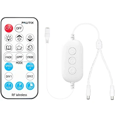 Immagine di PAUTIX Dimmer remoto RF per strisce luminose LED monocolore, telecomando wireless 18 pulsanti e controller in linea con cavo splitter da 1 a 2 DC5 24V COB/2835/5050, funzione timer